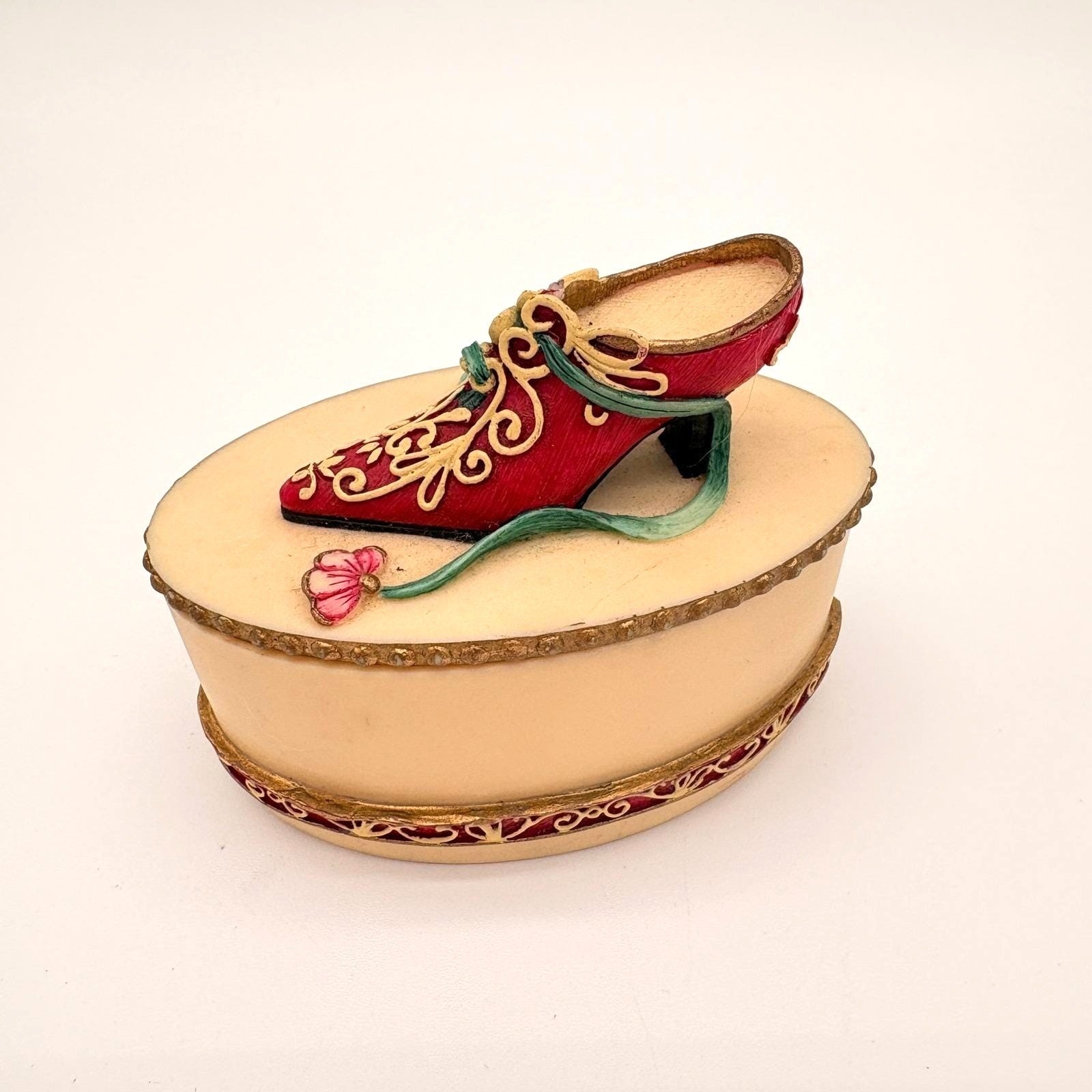 Victorian Red Heel Trinket Box Vintage Ornate Gold Filigree Jewelry Case