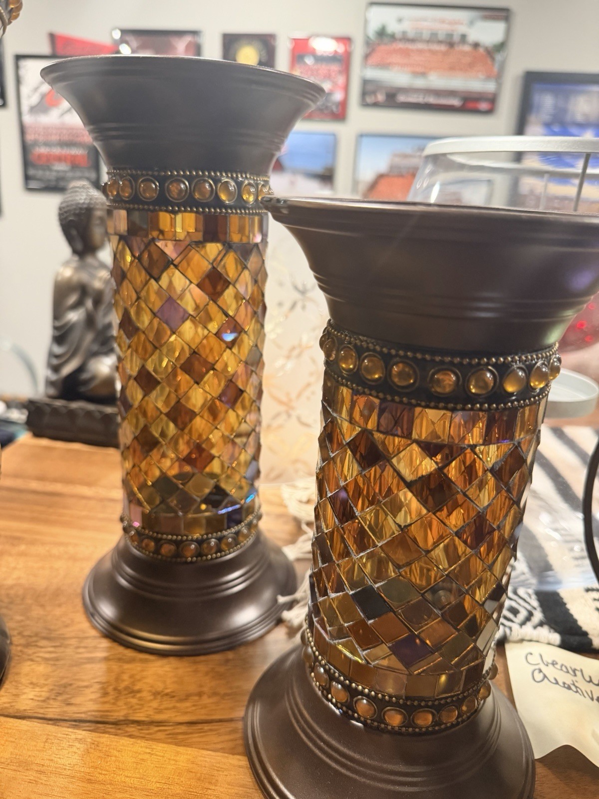 Partylite Global Fusion Colored Glass Pillar Candle Holders, Set of 2, 9" 11" Partylite Global Fusion Colored Glass Pillar Candle Holders, Set of 2, 9" 11"