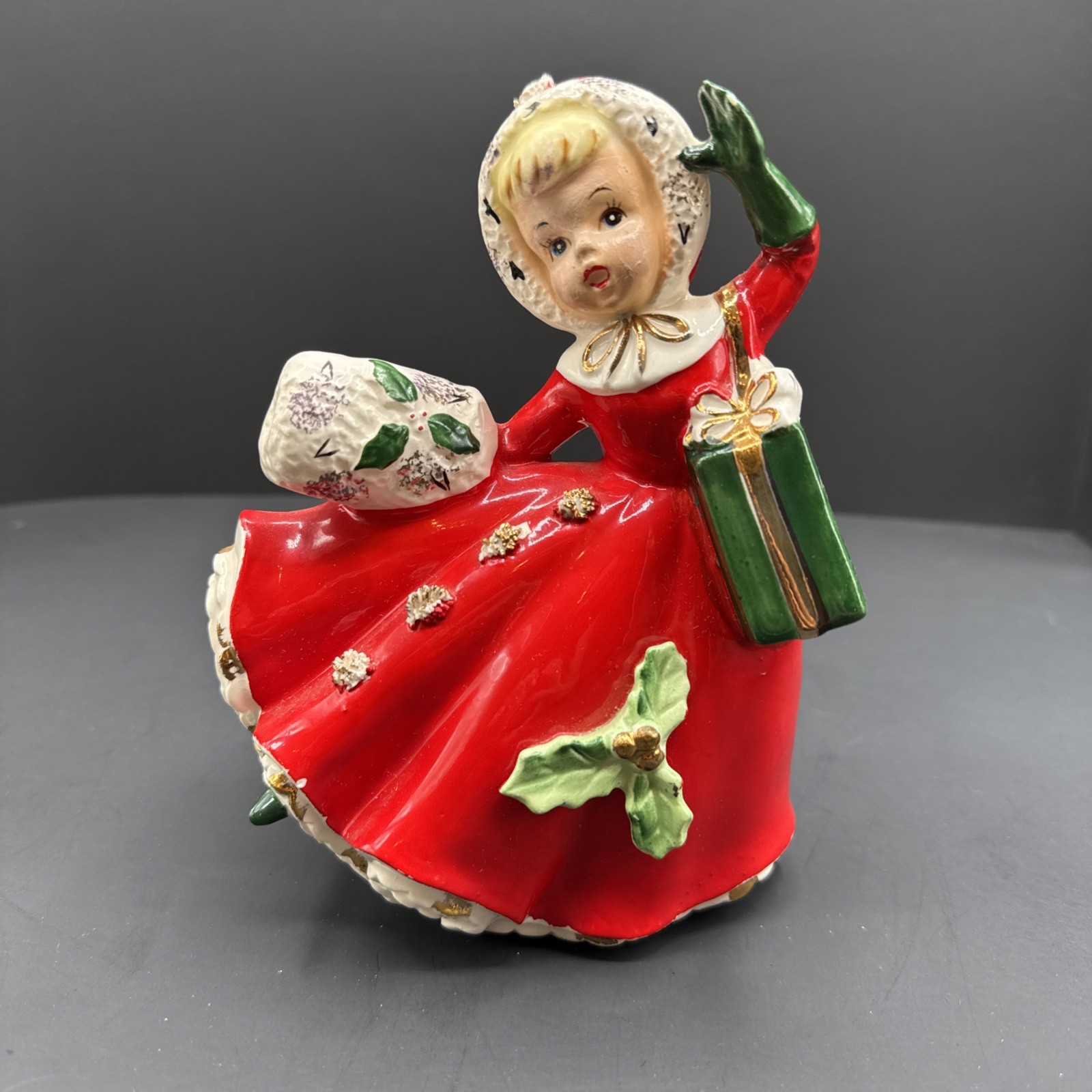 Vtg RELPO Ceramic Figurine CHRISTMAS Girl 7" Planter, Spaghetti Trim ~ A-1484 Vtg RELPO Ceramic Figurine CHRISTMAS Girl 7" Planter, Spaghetti Trim ~ A-1484