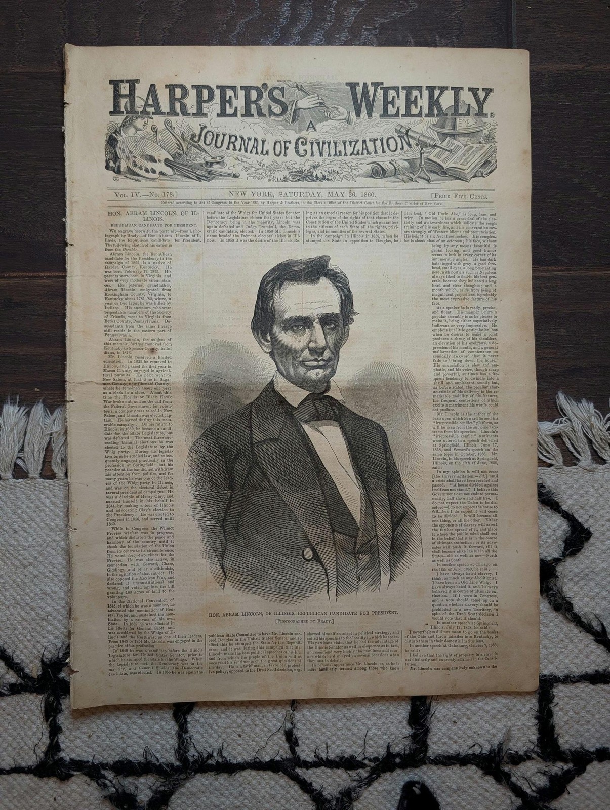 1860 Beardless Lincoln Front Page — "Abram Lincoln" Misspelled — Pre-Civil War 1860 Beardless Lincoln Front Page — "Abram Lincoln" Misspelled — Pre-Civil War