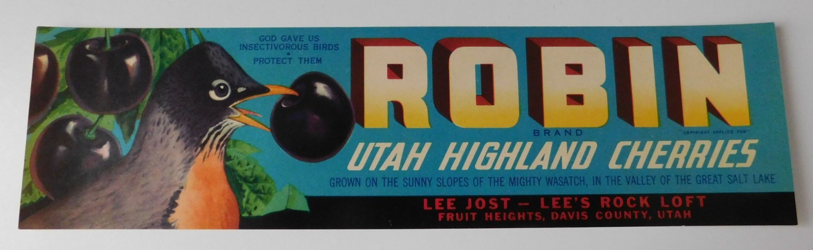 10 Vintage Robin Brand  Utah Highland Cherries Crate Labels