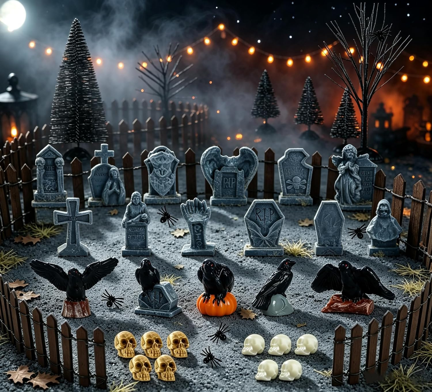 65 Pcs Halloween Village Accessories Halloween Miniatures Tombstone Crow 65 Pcs Halloween Village Accessories Halloween Miniatures Tombstone Crow