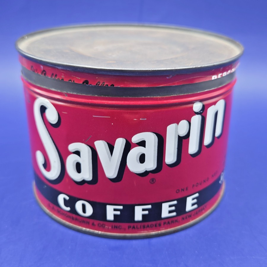 Vintage Savarin Coffee 1 Lb Tin Can Advertising Palisades Park NJ Red Vintage Savarin Coffee 1 Lb Tin Can Advertising Palisades Park NJ Red