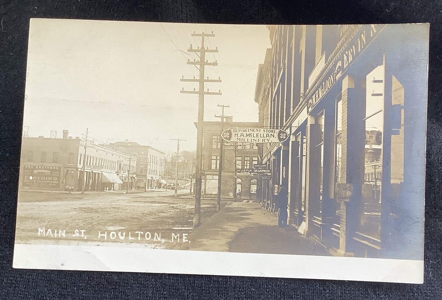 HOULTON, ME MAIN STREET VIEW, Signs H.A. McLellan Millinery Stores MAINE RPPC HOULTON, ME MAIN STREET VIEW, Signs H.A. McLellan Millinery Stores MAINE RPPC