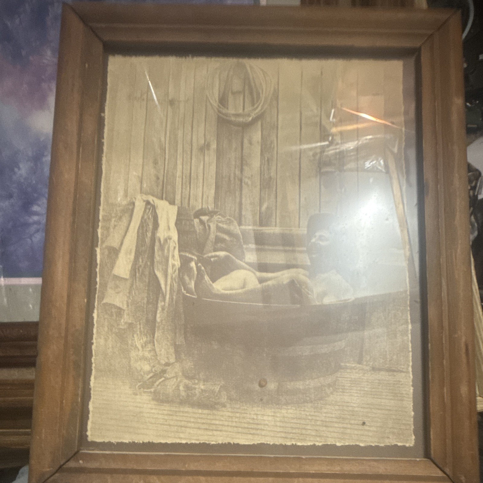 R. Hendrickson Vintage Sepia Print On Wood Framed Tile Man Bathing Wall Art