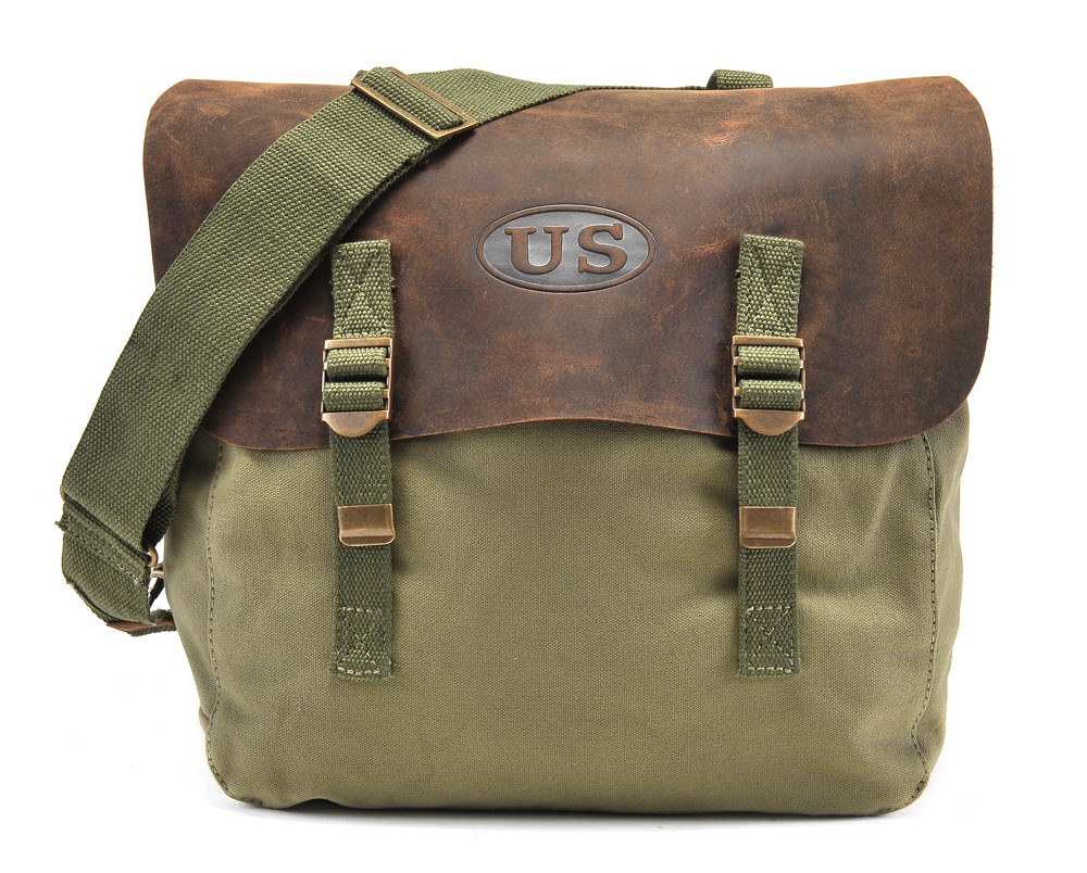 U.S. WW2 M1936 Musette Bag with Shoulder strap and Leather Flap Dark OD marked U.S. WW2 M1936 Musette Bag with Shoulder strap and Leather Flap Dark OD marked