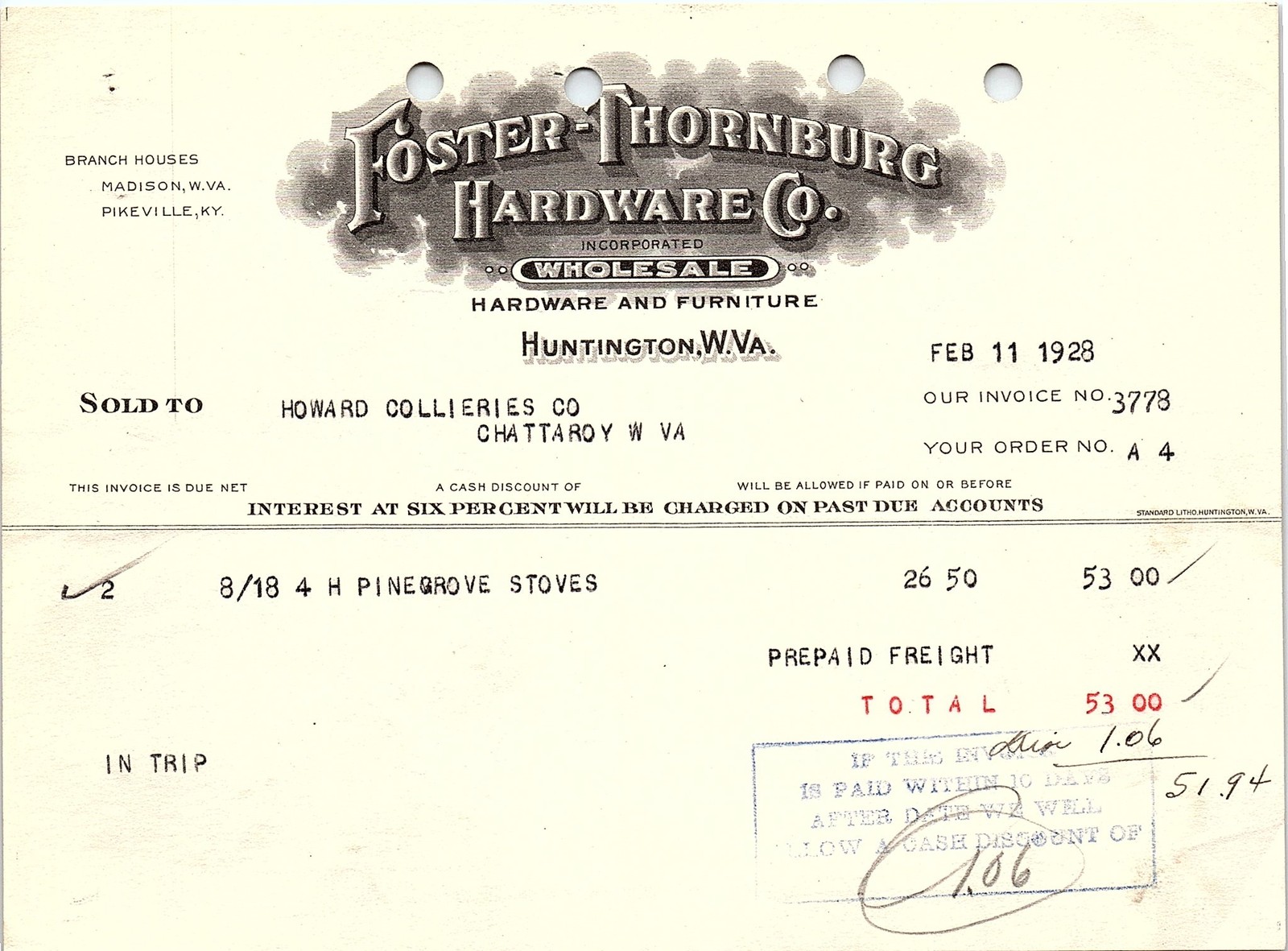 1928 Foster-Thornburg Hardware invoice, Huntington WV