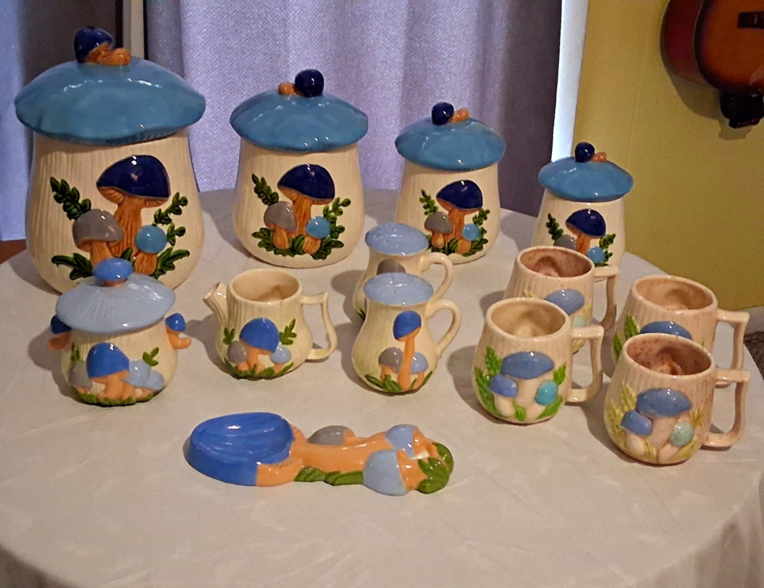 Vintage Arnels RARE Blue Mushroom Canister, Tea Set 1970s Cottagecore, Handmade Vintage Arnels RARE Blue Mushroom Canister, Tea Set 1970s Cottagecore, Handmade