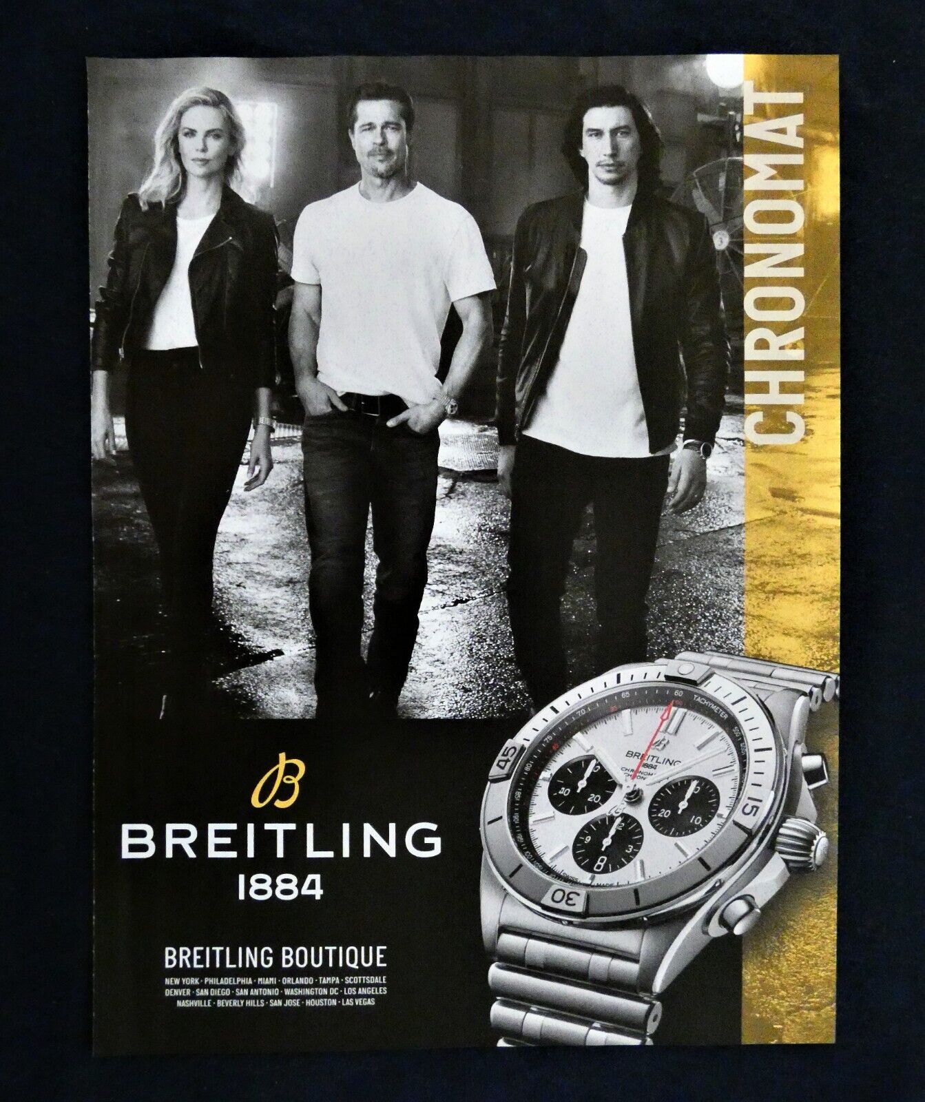 Charlize Theron - Brad Pitt - Adam Driver BREITLING 1884 Chronomat Watch Ad