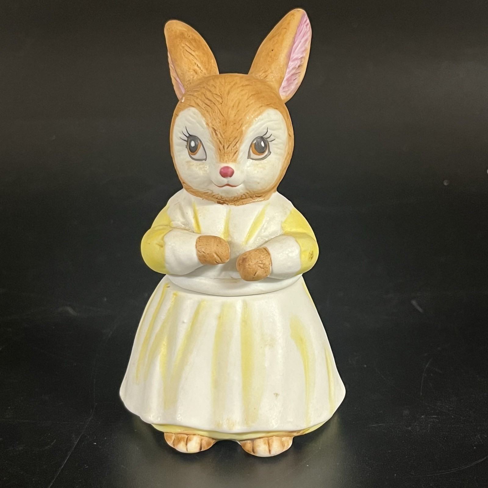 Lefton Vintage Ceramic Bunny Rabbit Trinket Box Yellow Dress Figurine Taiwan Lefton Vintage Ceramic Bunny Rabbit Trinket Box Yellow Dress Figurine Taiwan