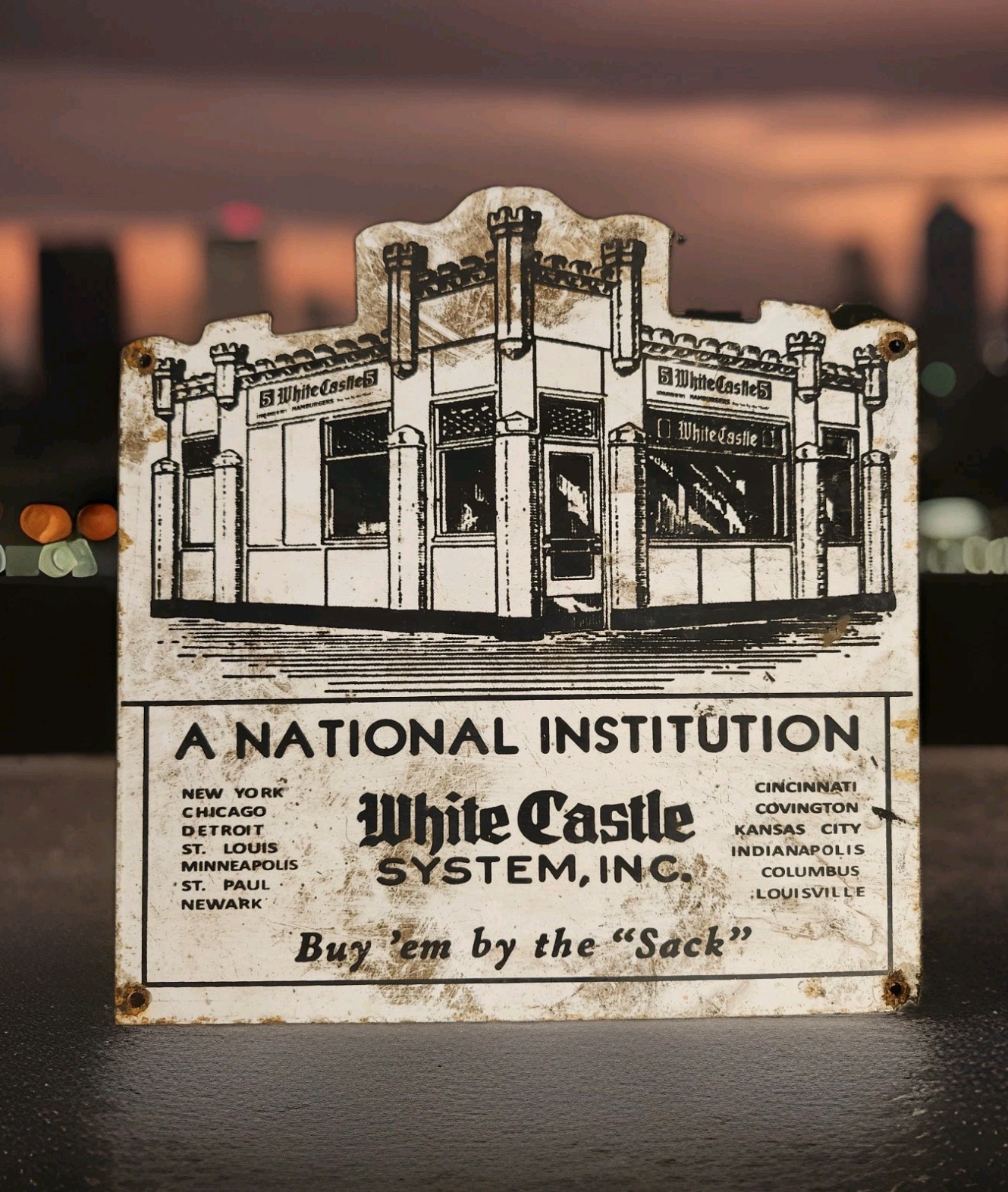 Vintage White Castle Porcelain Sign Buy Them By Sack New York Chicago Detroit Vintage White Castle Porcelain Sign Buy Them By Sack New York Chicago Detroit