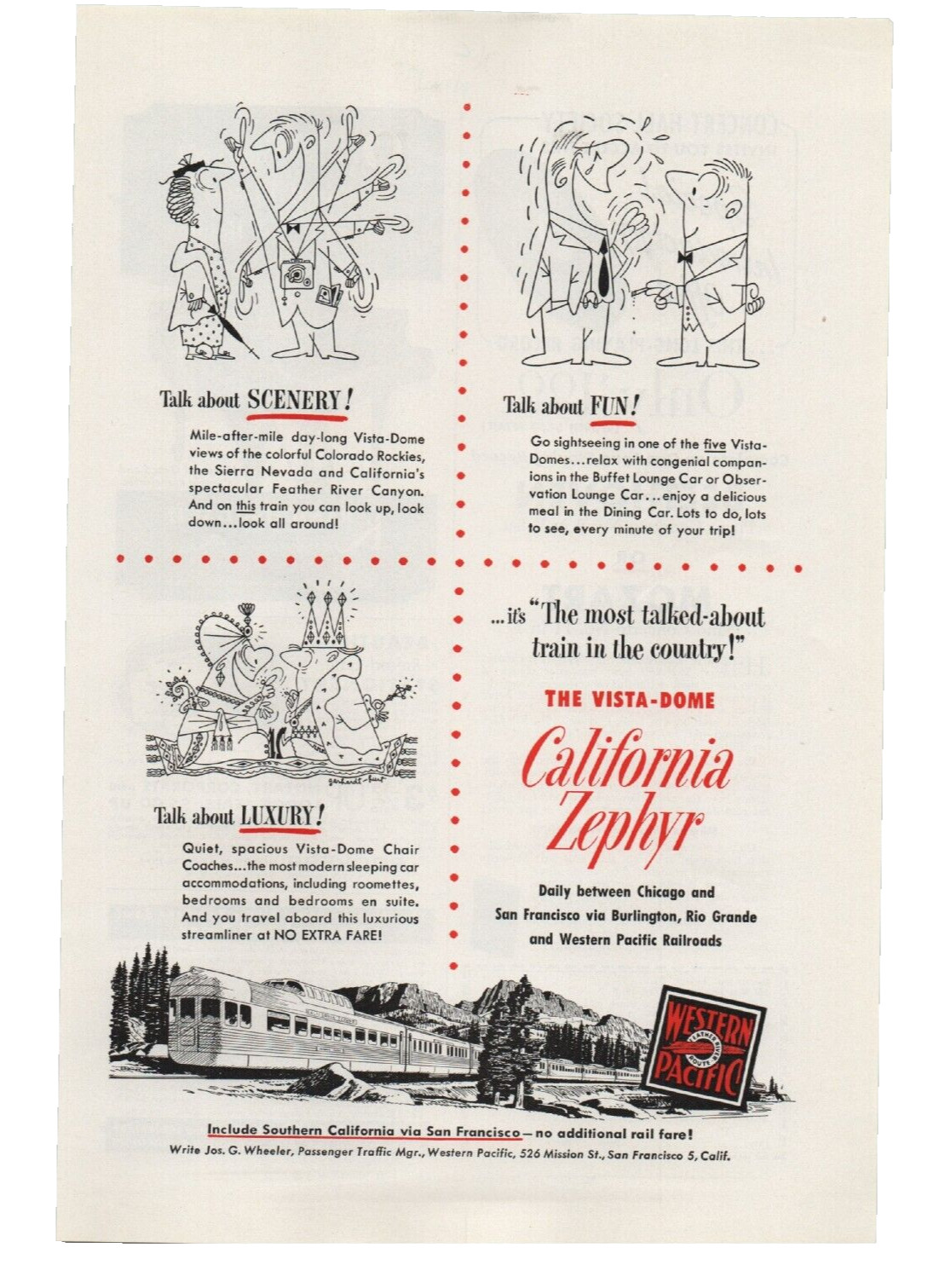 VTG Western Pacific Lines 1951 Print Ad Feather River Route California Zephyr VTG Western Pacific Lines 1951 Print Ad Feather River Route California Zephyr