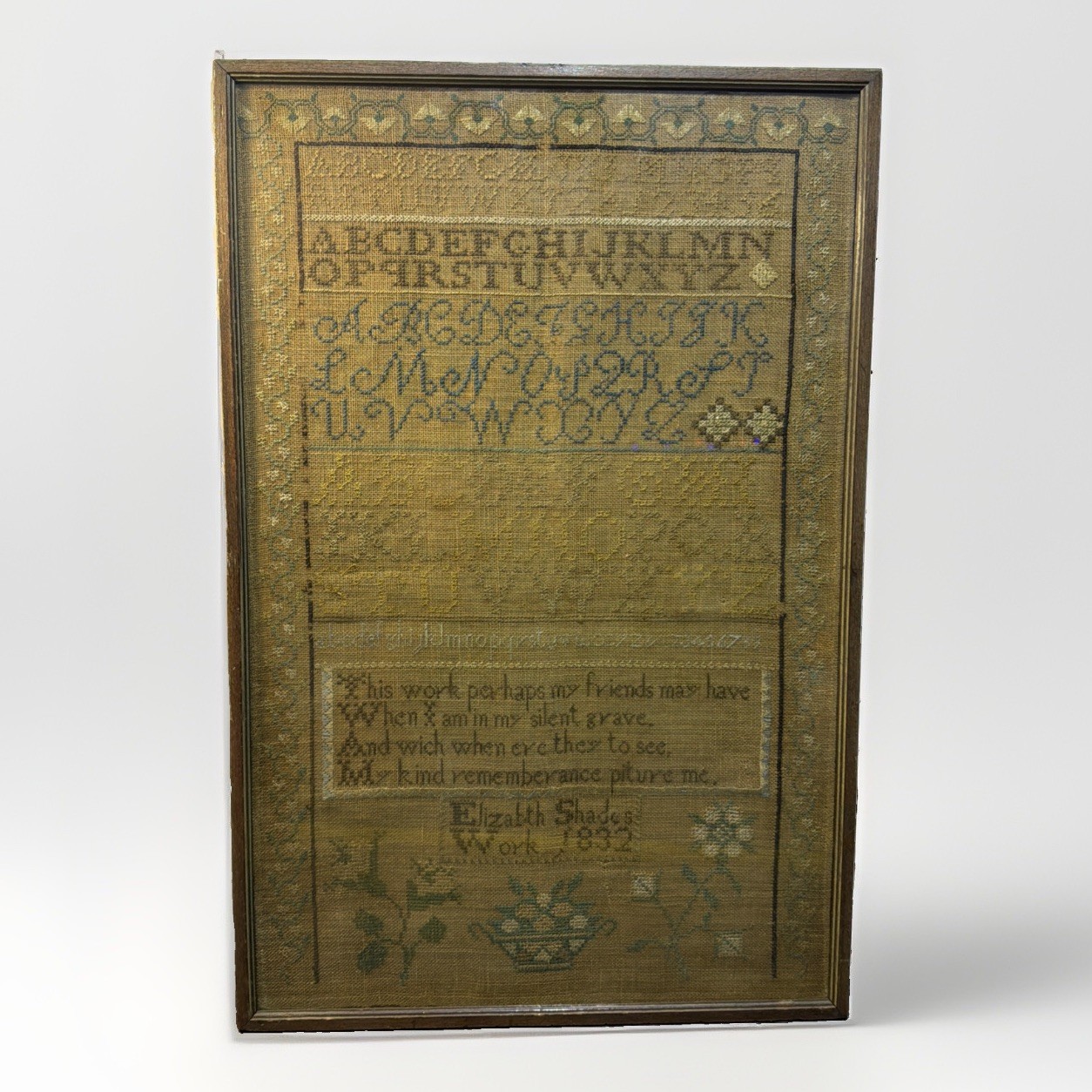 Antique 1832 Elizabeth Shades Needlework Alphabet English Sampler Framed 15”x23” Antique 1832 Elizabeth Shades Needlework Alphabet English Sampler Framed 15”x23”