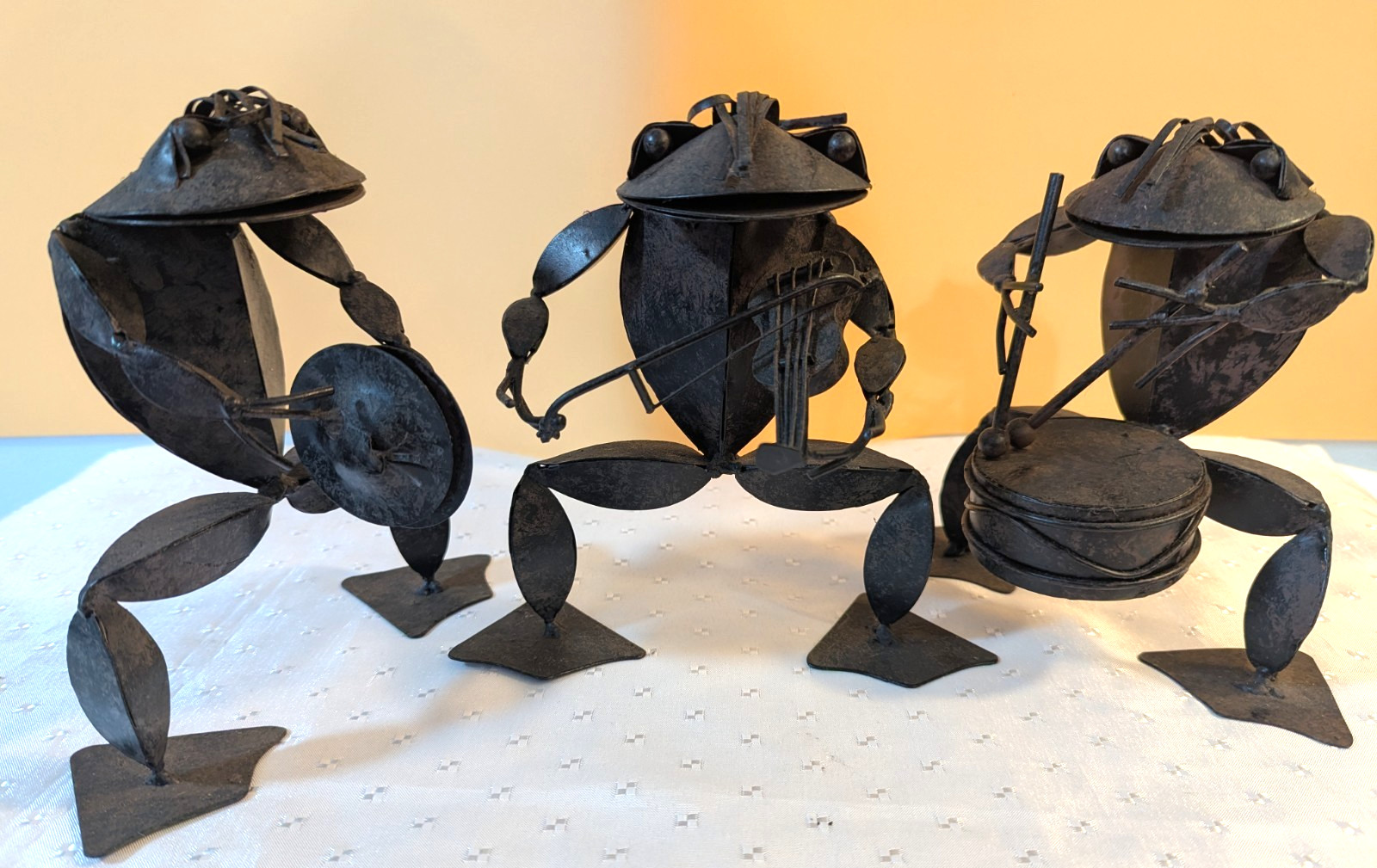 Vtg-Handcrafted Metal Frog Musicians Figurines-Set Of 3-Industrial Folk Art- 7"H