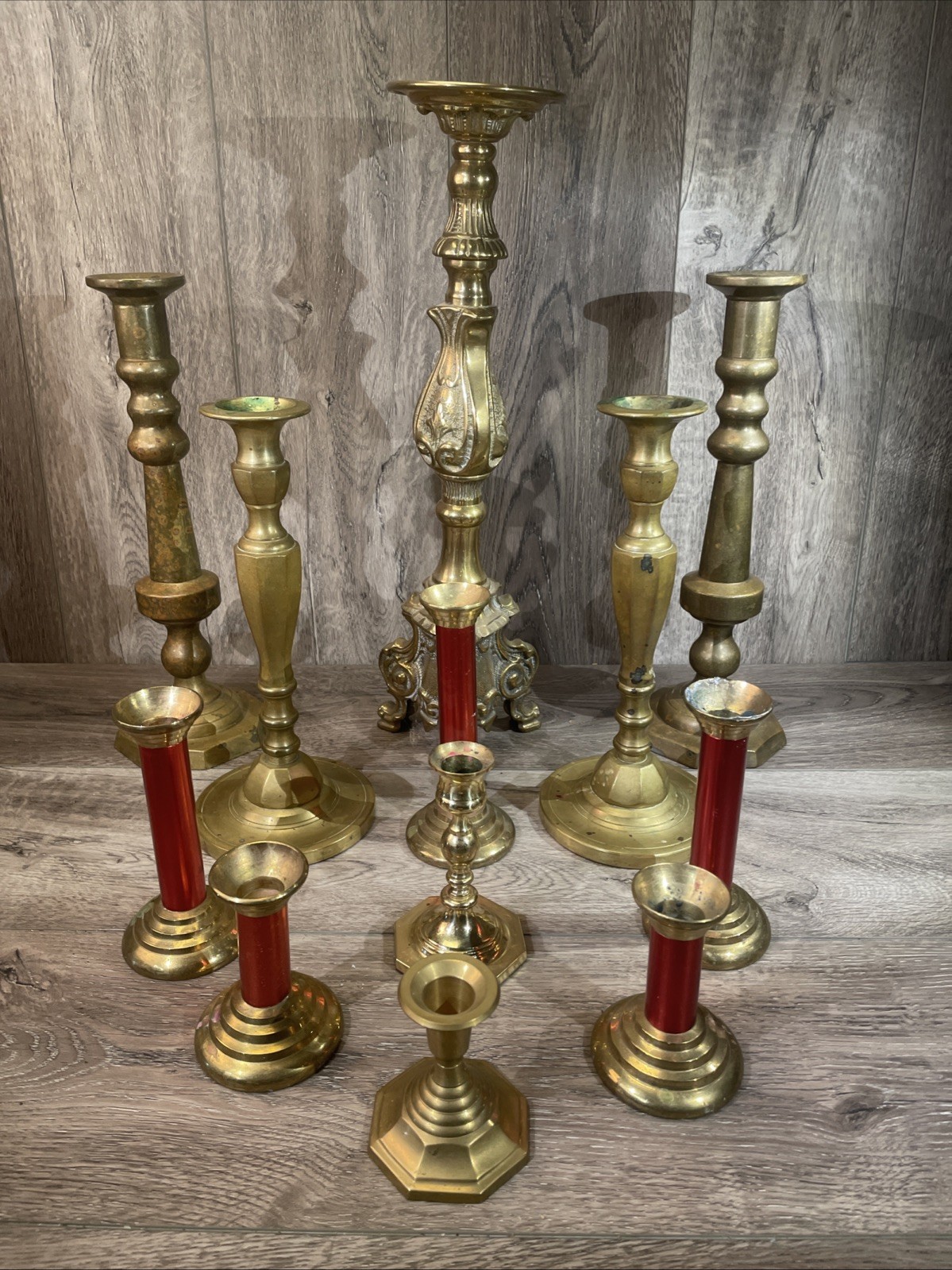 Vintage Brass Candlesticks Bulk Lot (12) 22 Lbs Altar Holiday Decor Wedding 18” Vintage Brass Candlesticks Bulk Lot (12) 22 Lbs Altar Holiday Decor Wedding 18”