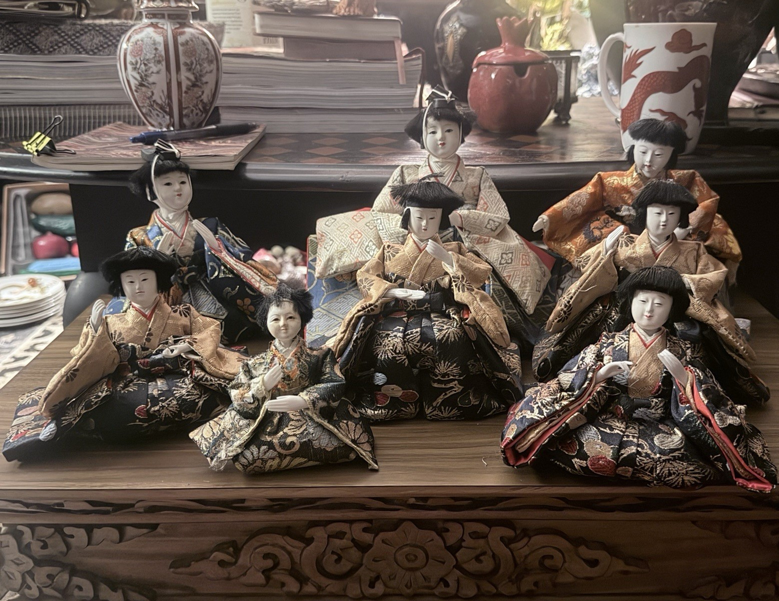 Set of 8 Vintage Amazing Hina Japanese Dolls Seated Figures gold jacquard Set of 8 Vintage Amazing Hina Japanese Dolls Seated Figures gold jacquard