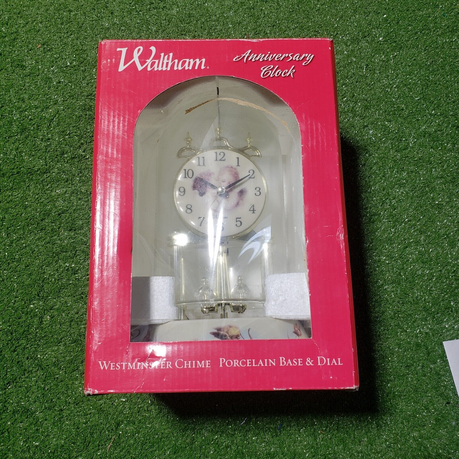 Waltham Anniversary Clock Cherub Angels In A Glass Dome- Porcelain Base & Dial