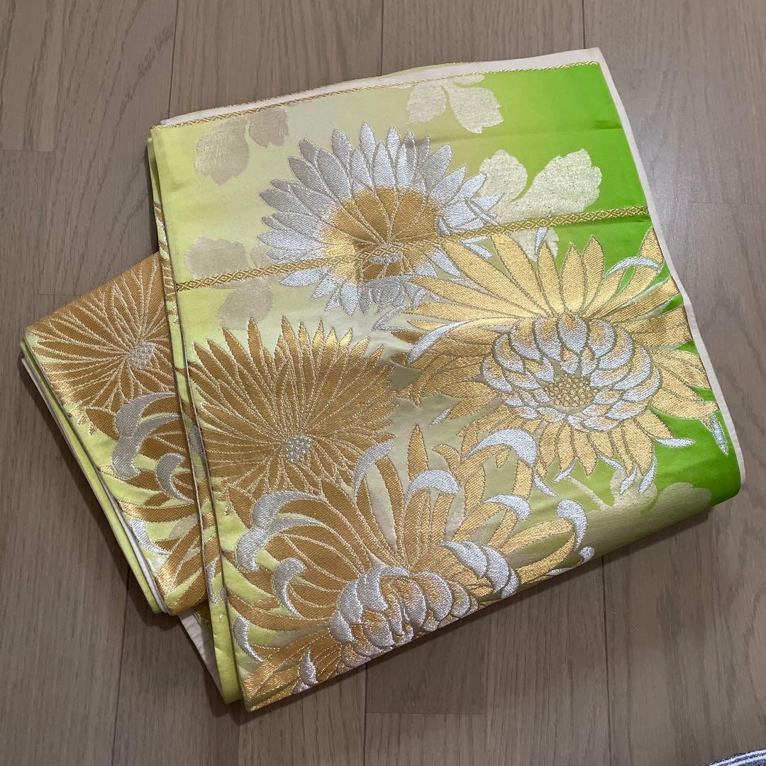 Japanese Kimono Fukuro Obi Belt Pure Silk For Furisode Yellow-Green Gold Japanese Kimono Fukuro Obi Belt Pure Silk For Furisode Yellow-Green Gold