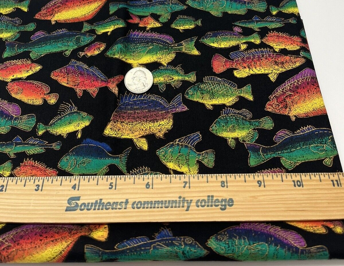 Quilt Craft Fabric Cotton Fish Remanent Material Multicolor 23 x 28 Black VTG
