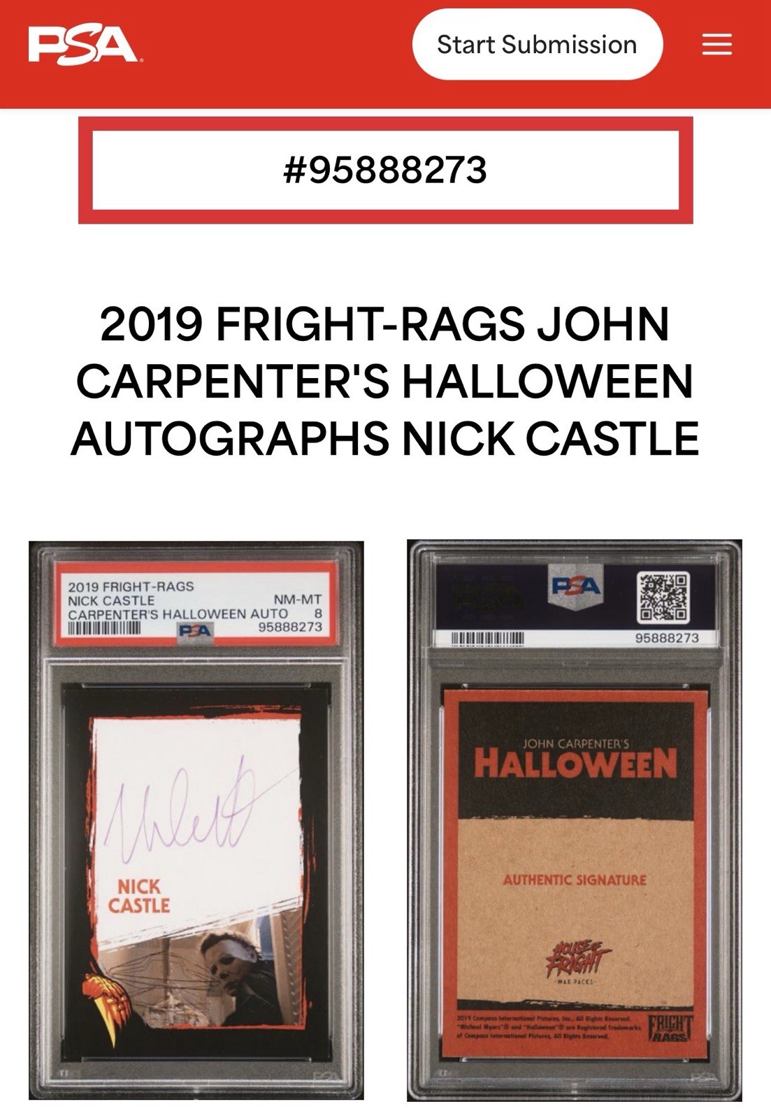 🎃 2019 Fright Rag HALLOWEEN Autograph NICK CASTLE Michael Myers TOP PSA POP 1‼️ 🎃 2019 Fright Rag HALLOWEEN Autograph NICK CASTLE Michael Myers TOP PSA POP 1‼️
