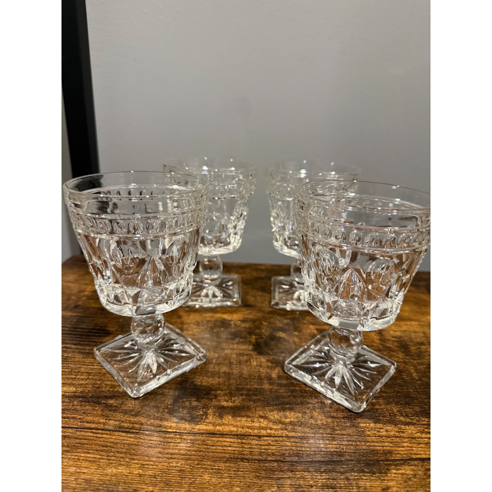 Vintage Indiana Glass Co.Colony Park Lane Water Goblets Diamond Starburst 4 Vintage Indiana Glass Co.Colony Park Lane Water Goblets Diamond Starburst 4