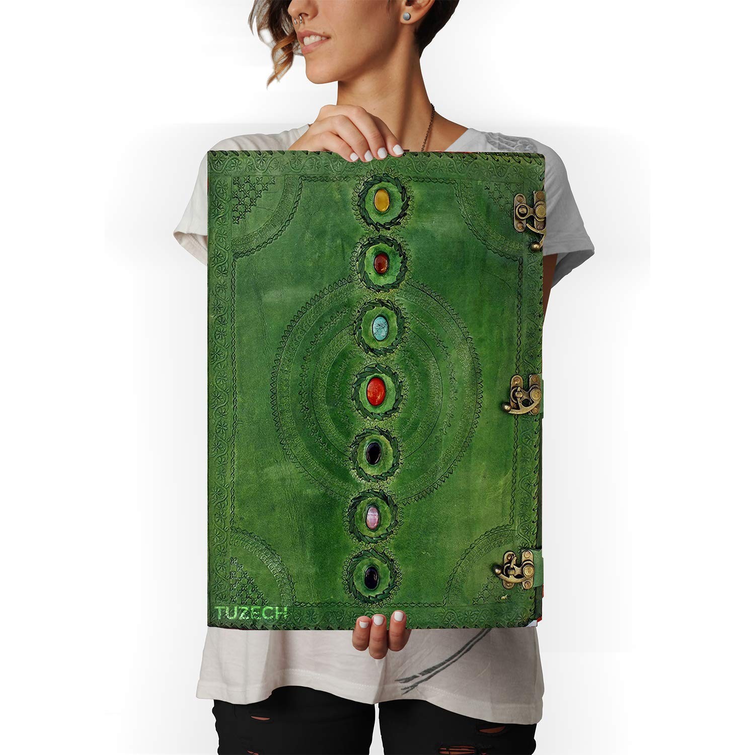 TUZECH Seven Chakra Handmade Leather Journal, Book of Shadows, Green 18" TUZECH Seven Chakra Handmade Leather Journal, Book of Shadows, Green 18"