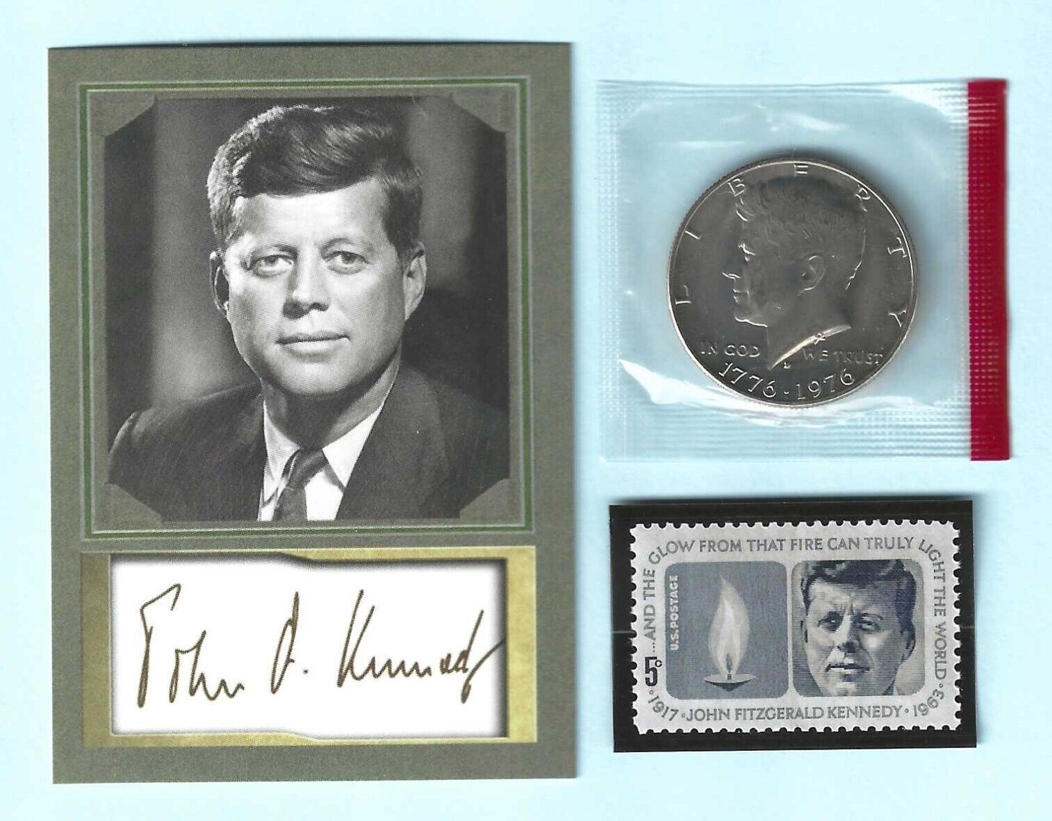 JOHN F KENNEDY COLLECTION - BICENTENNIAL HALF DOLLAR + JFK STAMP + TRADING CARD
