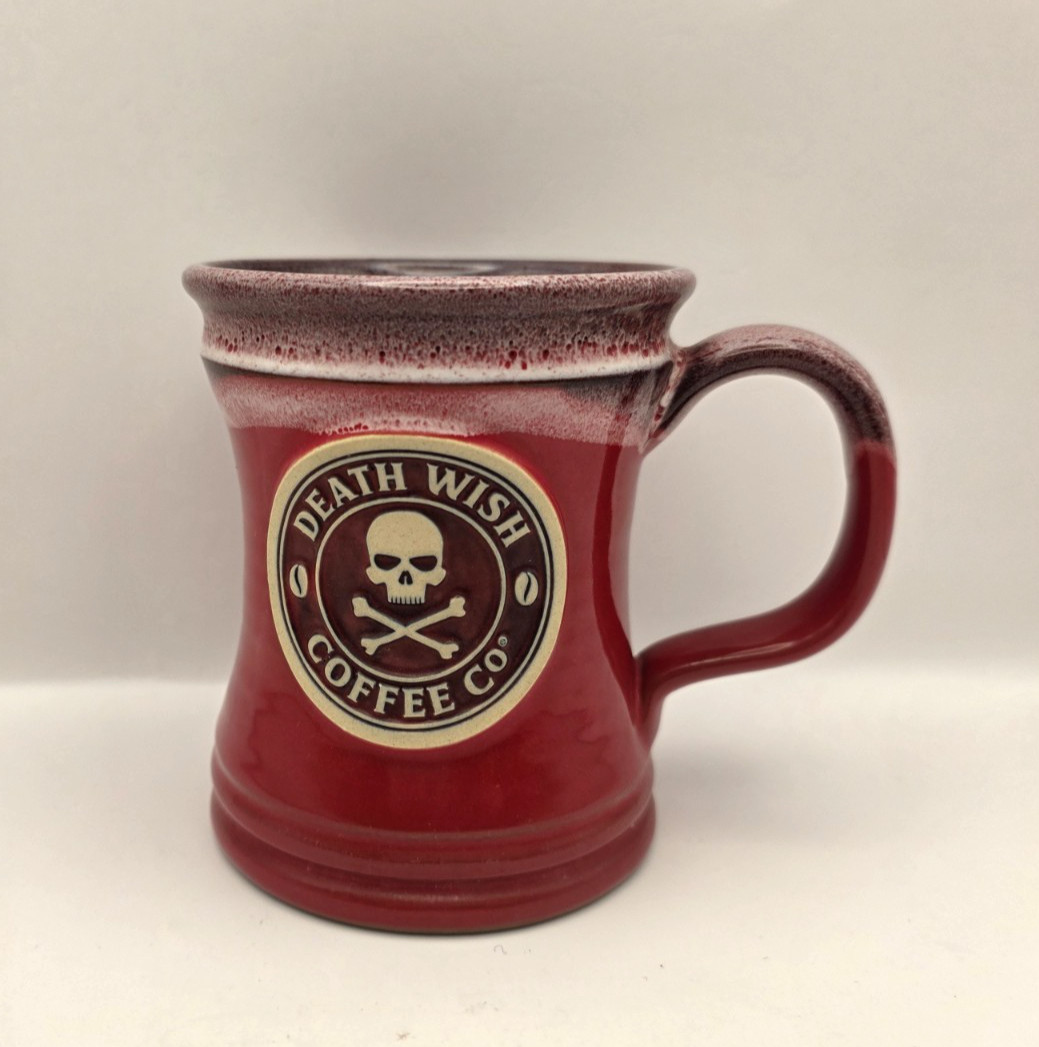 Death Wish Coffee Mug Hand Thrown Deneen Pottery 2020 Red 4.5"