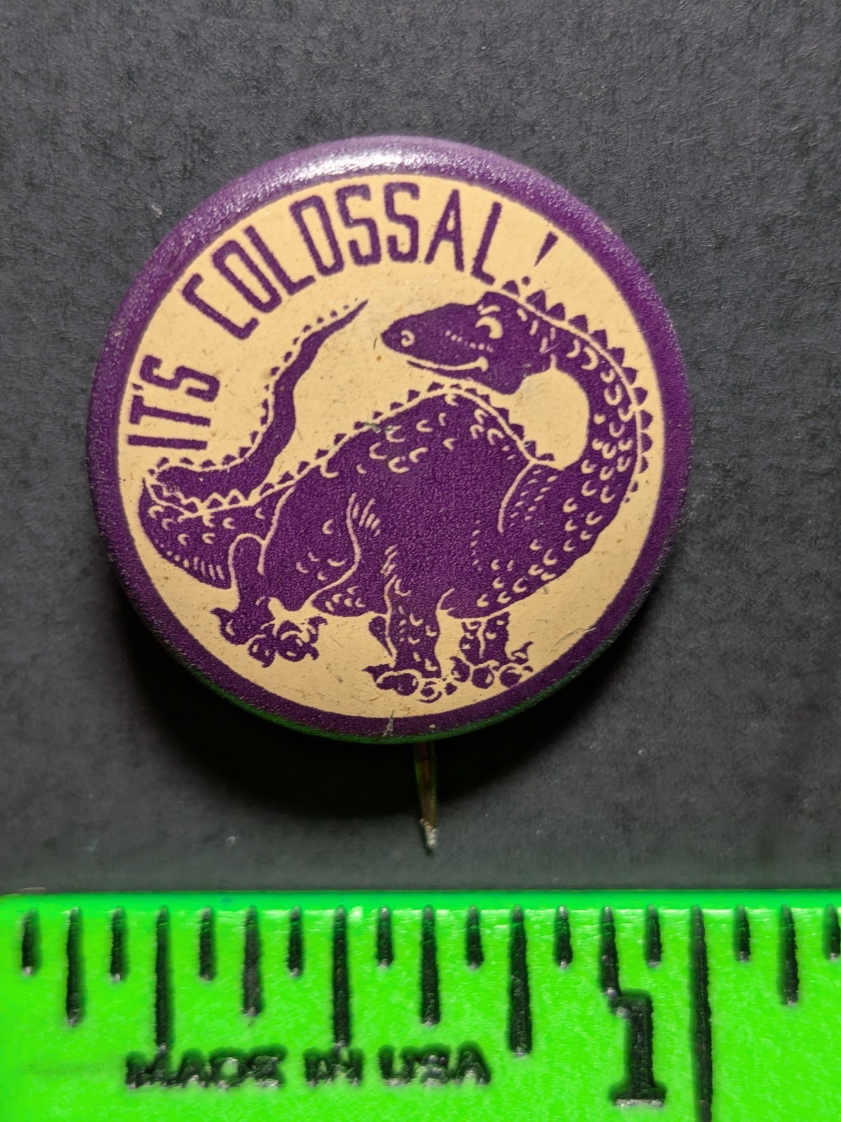 Vintage It's Colossal Purple Dinosaur Dragon Monster Gas Oil Pinback Pin Vintage It's Colossal Purple Dinosaur Dragon Monster Gas Oil Pinback Pin