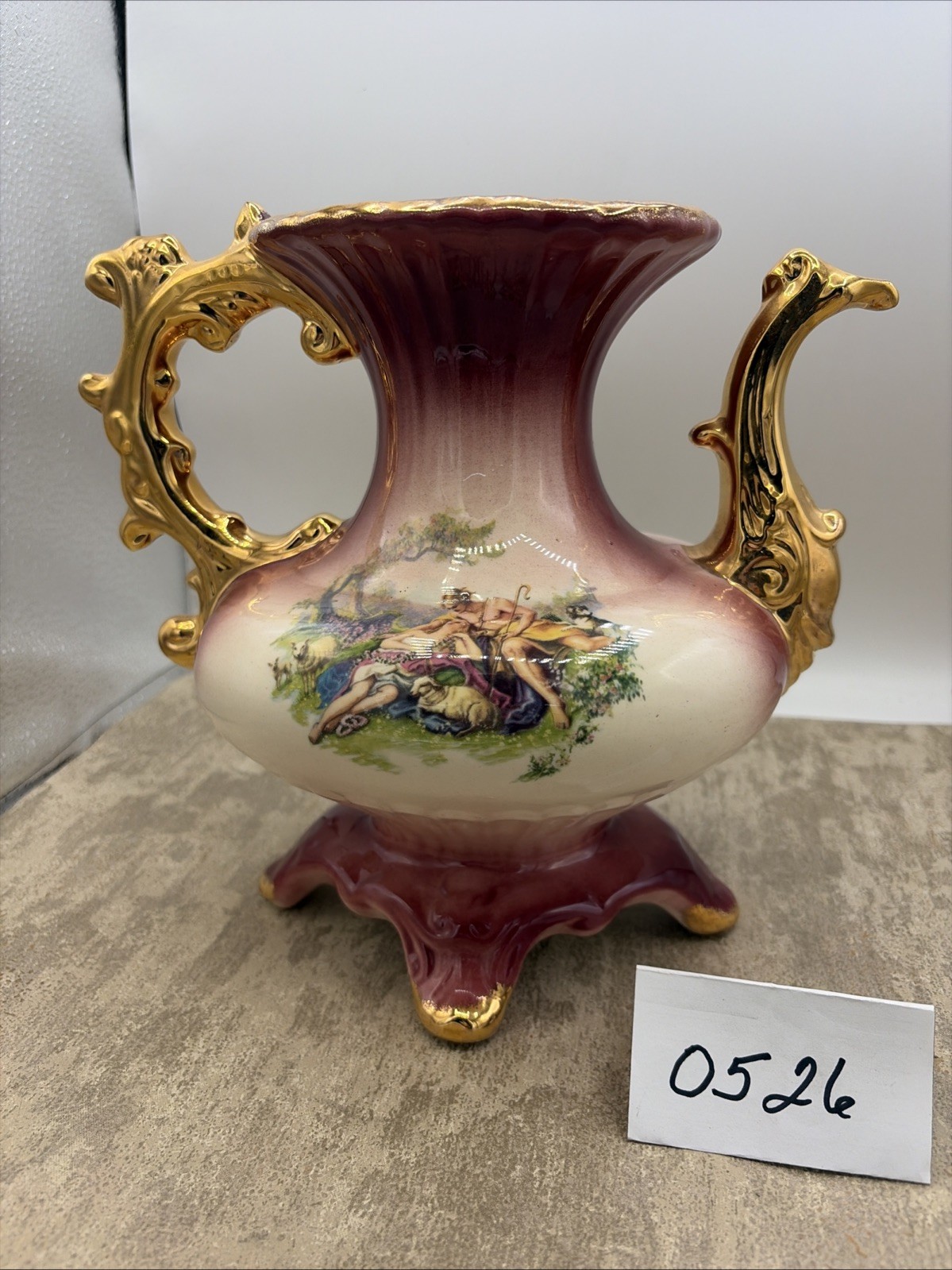 Vtg Burgundy Ceramic/Porcelain Pitcher Featuring Courting Couple W/ Ornate Gold Vtg Burgundy Ceramic/Porcelain Pitcher Featuring Courting Couple W/ Ornate Gold