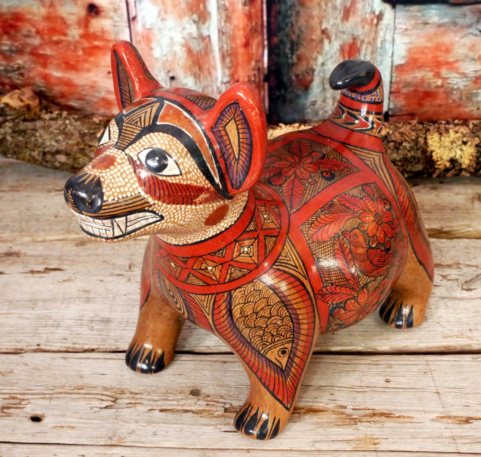 Colima Dog Tonala Burnished Pottery Fish Bird & Flowers Handmade Mexico Folk Art