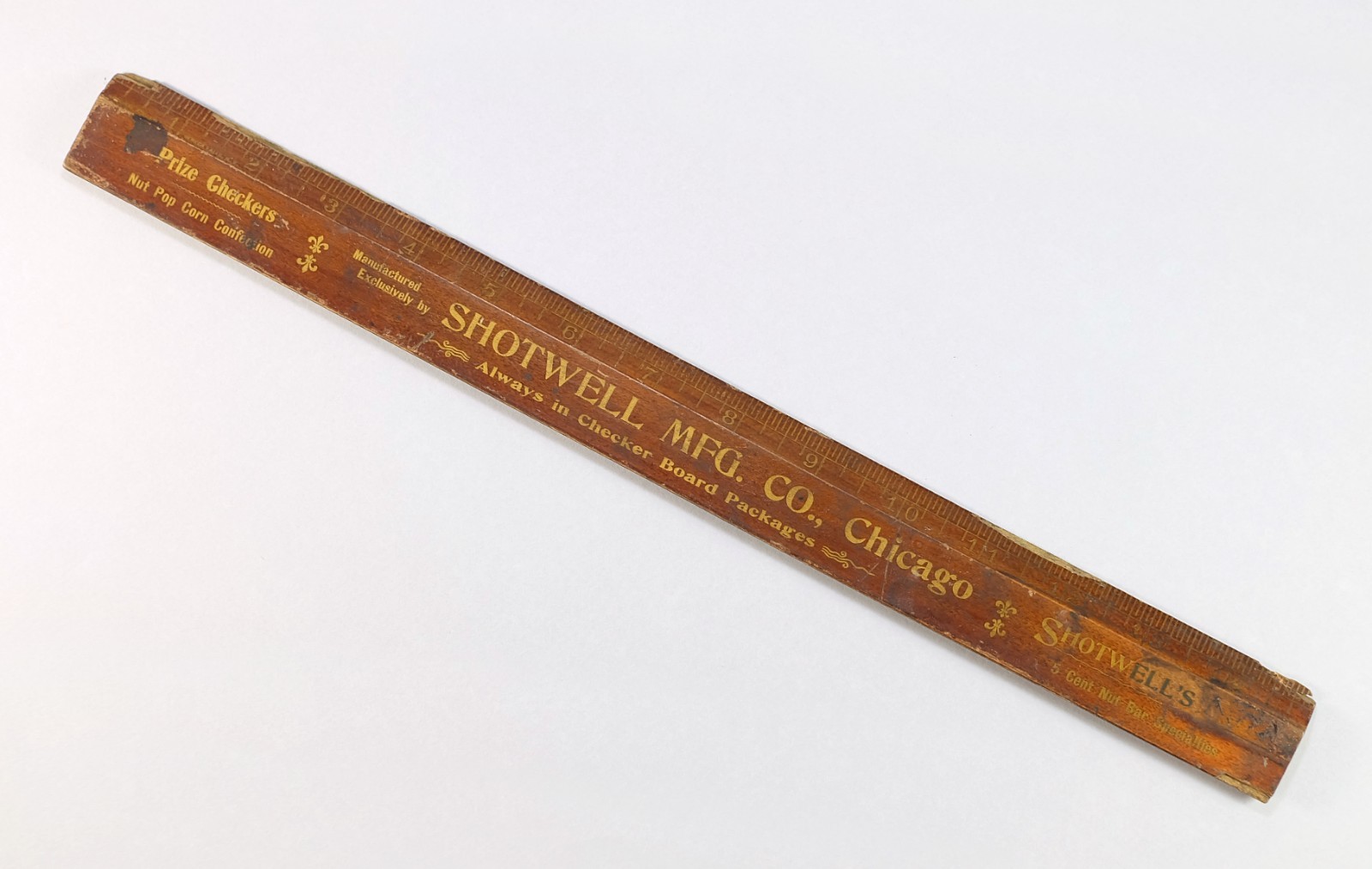 Shotwell Checkers Candy Bar Popcorn Advertising Antique Wooden Ruler 1910-1915