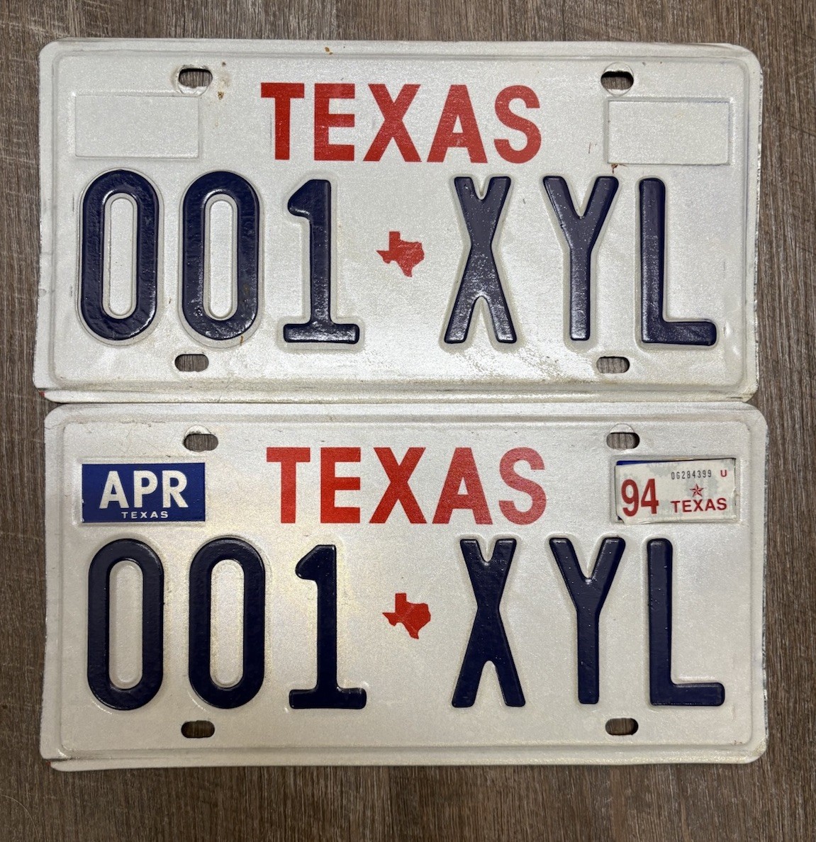 Vintage Texas License Plate Pair 001-XYL Matching Set 1990’s Low Number TX