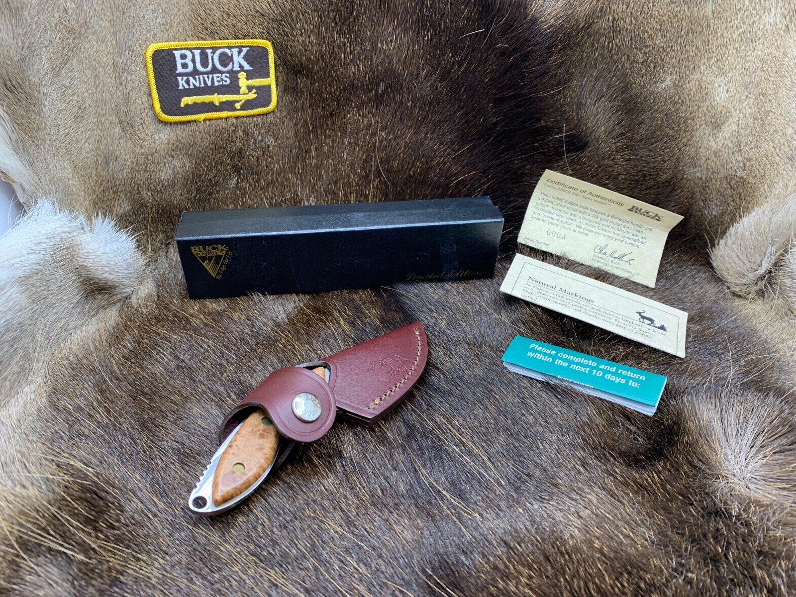 Buck Mini Alpha Knife Burlwood Handles Gold Battling Bucks - SN0003 Mint Box Buck Mini Alpha Knife Burlwood Handles Gold Battling Bucks - SN0003 Mint Box