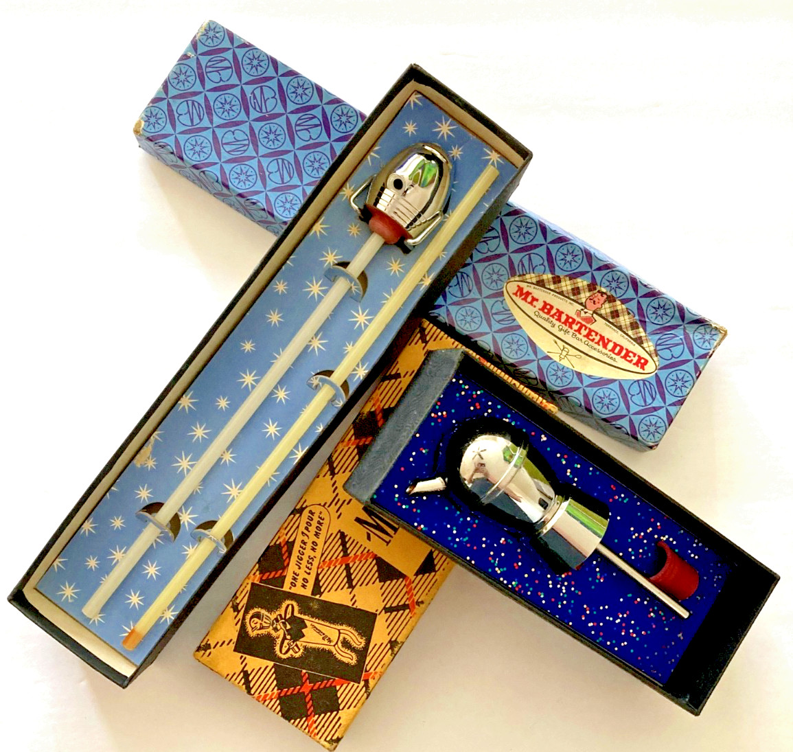 TWO (2) VINTAGE "Mr.Bartender" AUTOMATIC "One Shot" CHROME Pour Spouts TWO (2) VINTAGE "Mr.Bartender" AUTOMATIC "One Shot" CHROME Pour Spouts