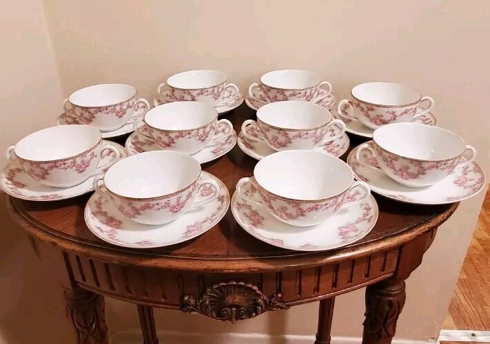 10 Atq Austrian HUB Porcelain Pink Rose Flower With Gold Tea Cups And Saucers 