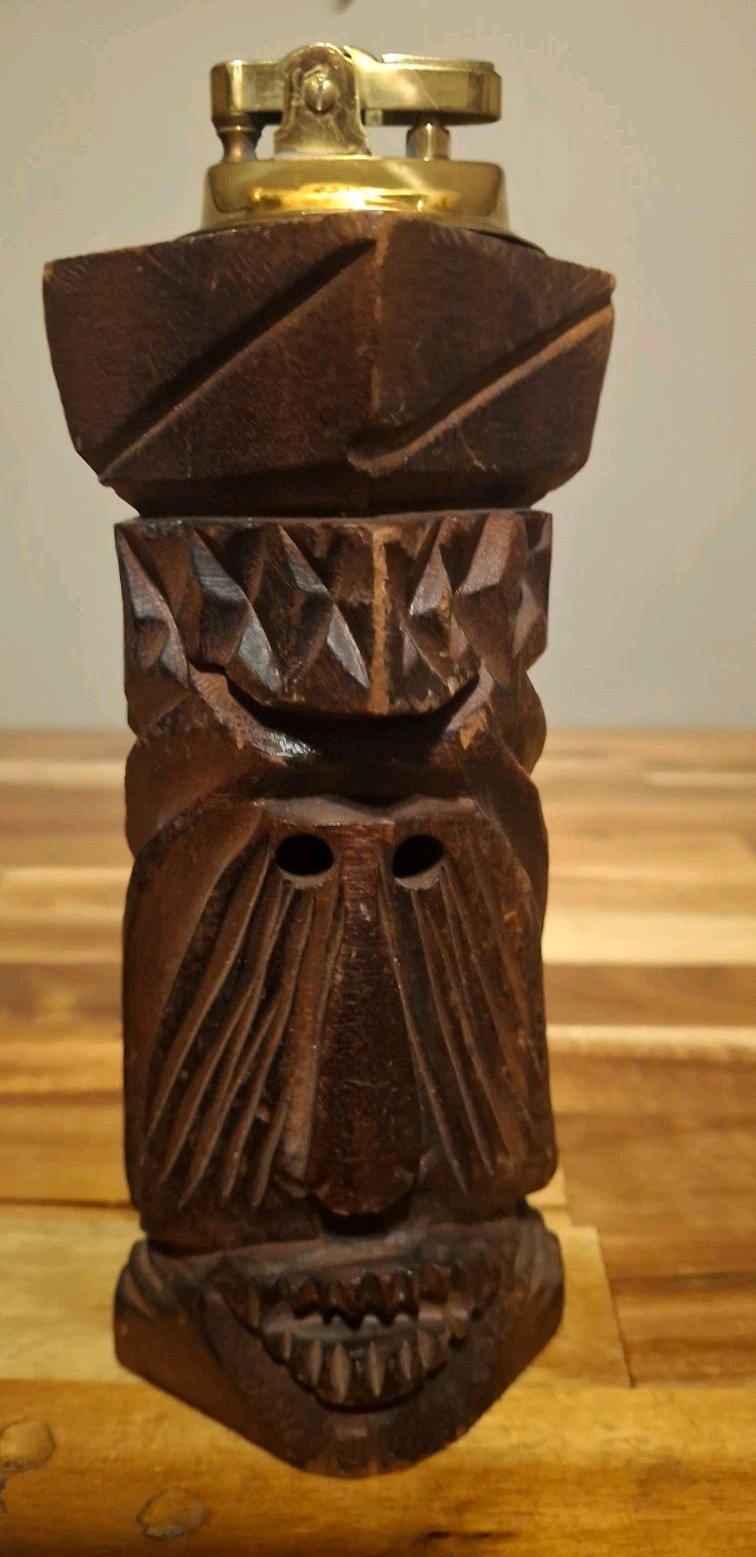 Vintage MCM Carved Wooden Tiki Head Totem Petrol Table Lighter Japan Sparks 6" Vintage MCM Carved Wooden Tiki Head Totem Petrol Table Lighter Japan Sparks 6"