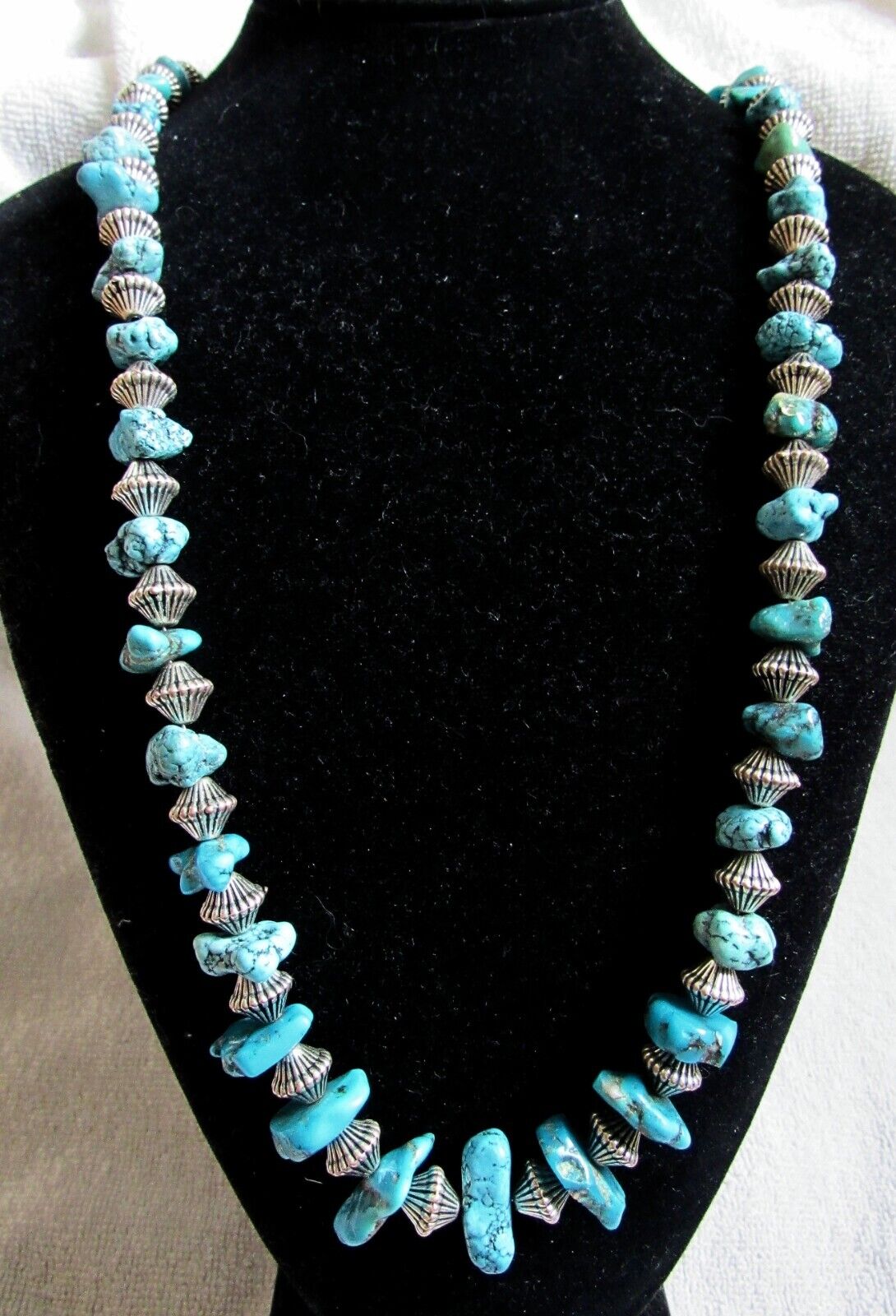 Navajo Indian Sterling Silver & Plate Beads & Turquoise Stone Nuggets Necklace