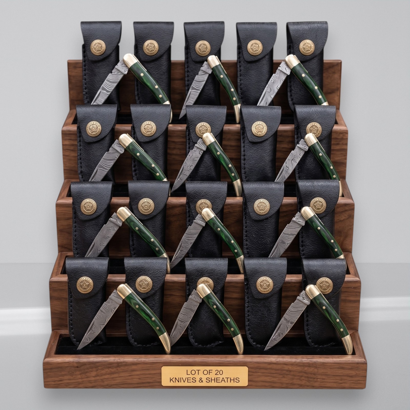 20pc Damascus Folding Knives Green Wood Brass Clip Point Pocketknife With Sheath