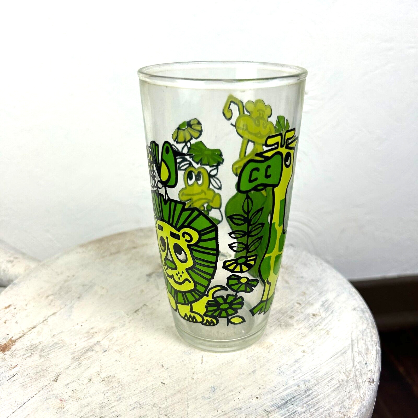 Vintage MCM Glass Green Jungle Animals Drinking Tall Clear Retro 1960s Drinkware