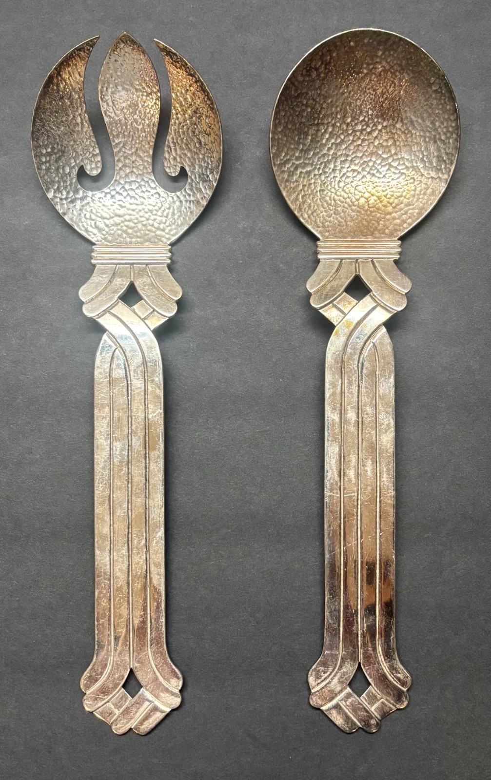 Vintage EMILIA CASTILLO Hand Hammered DECO Serving Spoon & Fork SILVER Plate SET Vintage EMILIA CASTILLO Hand Hammered DECO Serving Spoon & Fork SILVER Plate SET