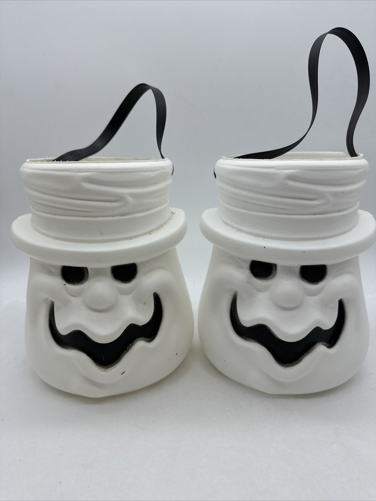 LOT OF 2 VINTAGE HALLOWEEN BLOW MOLD GHOST HEAD HAT CANDY BUCKET PAIL READ