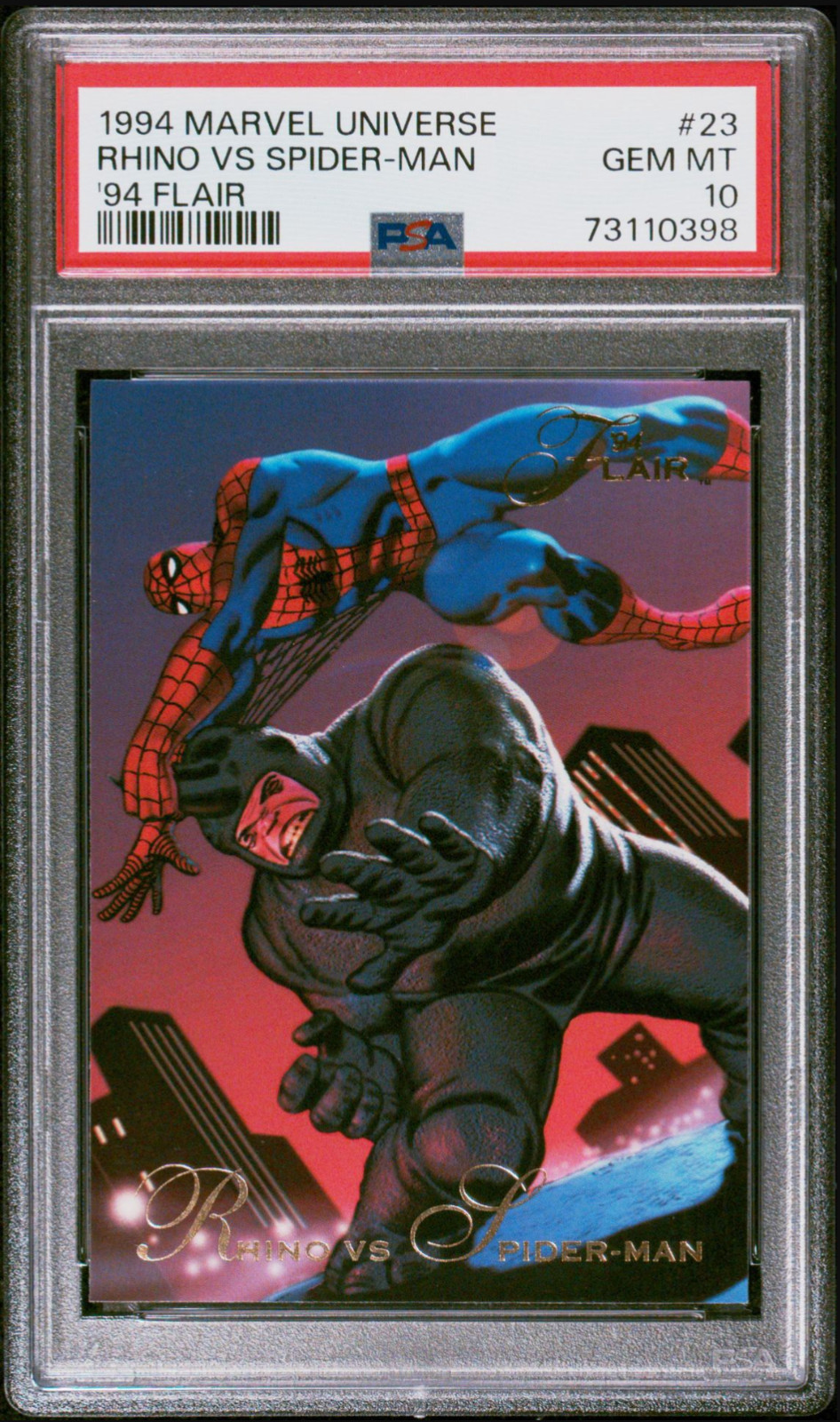 1994 Marvel Universe Flair Inaugural Edition #23 Rhino vs Spider-Man PSA 10 1994 Marvel Universe Flair Inaugural Edition #23 Rhino vs Spider-Man PSA 10