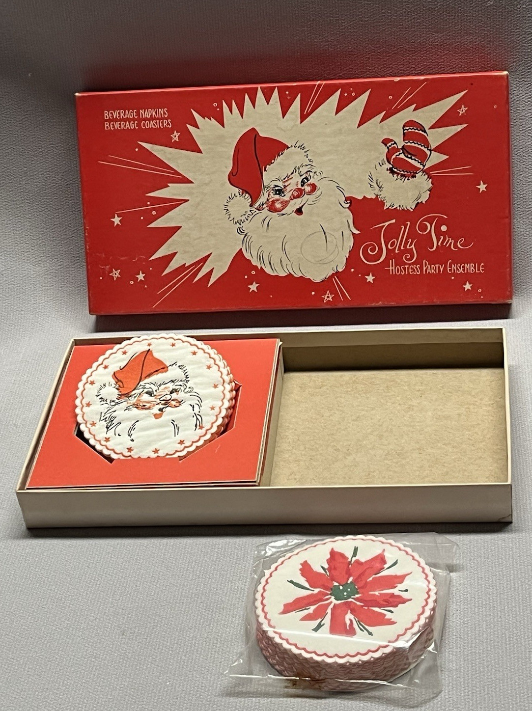 Vintage American Greetings & Jolly Time Beverage Coasters - Box w Santa Graphics Vintage American Greetings & Jolly Time Beverage Coasters - Box w Santa Graphics