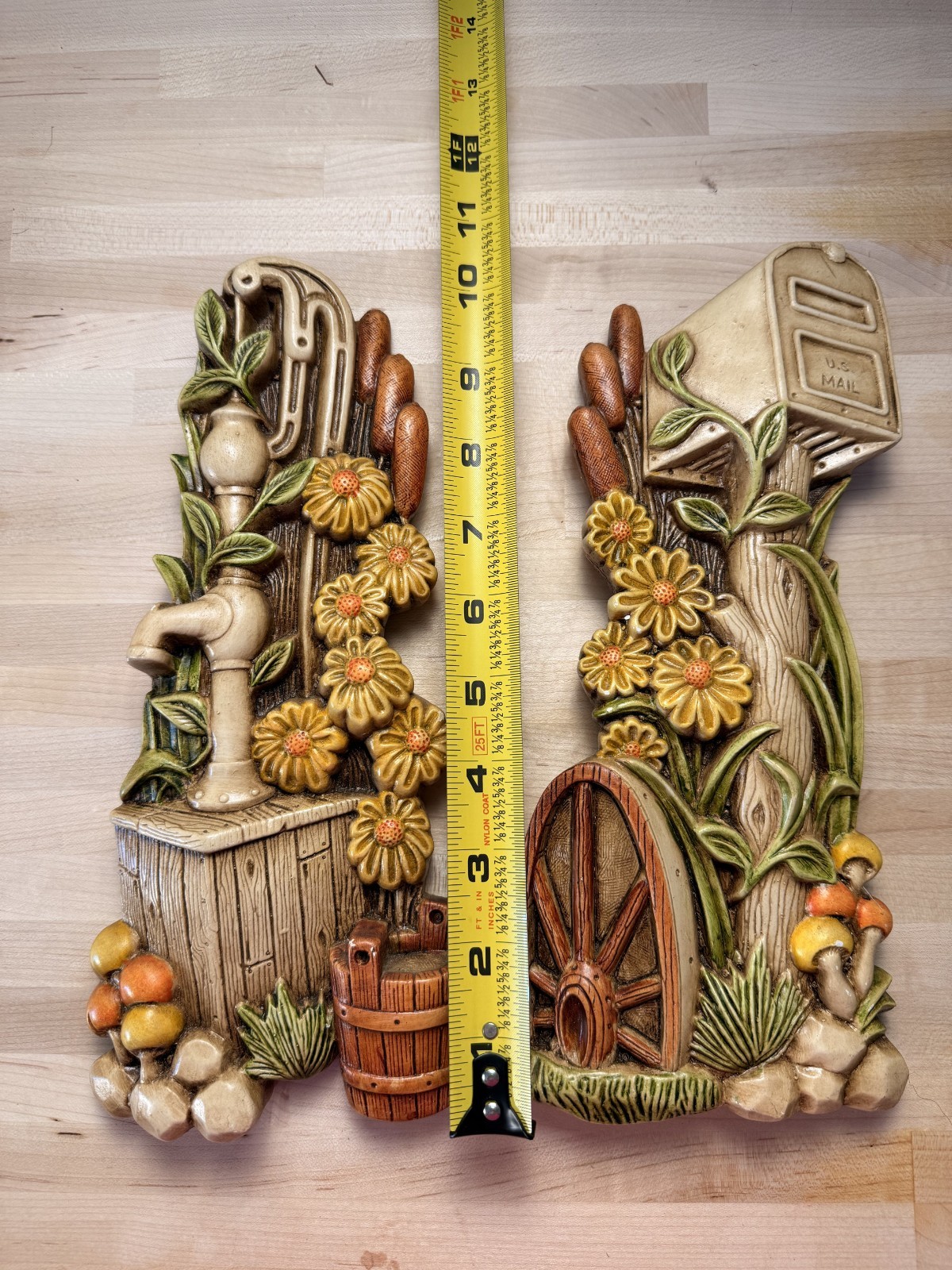 Vintage 1970's Chalkware Wall Plaques Mailbox Water Pump Mushrooms Daisies Pair Vintage 1970's Chalkware Wall Plaques Mailbox Water Pump Mushrooms Daisies Pair