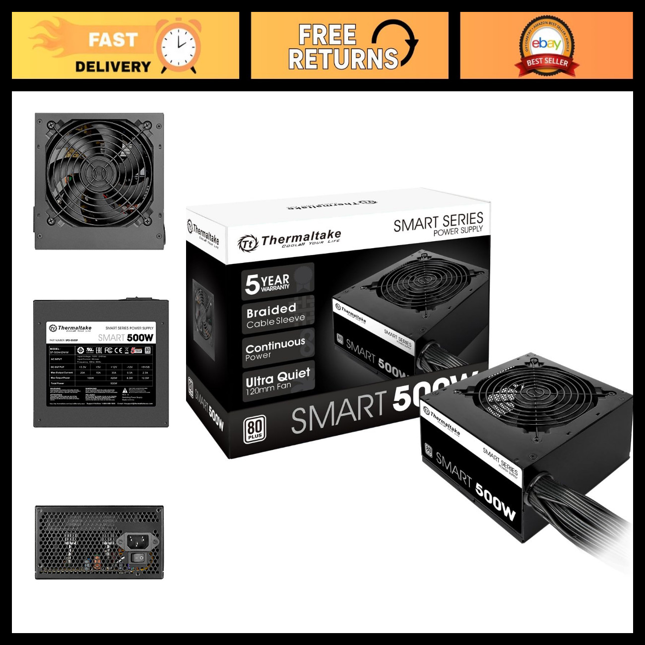 Thermaltake Smart 500W 80+ White Certified PSU, Continuous Power with 120mm Ultr Thermaltake Smart 500W 80+ White Certified PSU, Continuous Power with 120mm Ultr