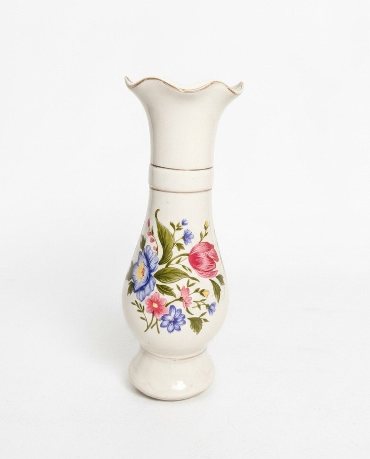 VINTAGE POTTERY VASE HAND PAINTED FLOWERS 10"H X 3" DIAMETER TOP WITH GOLD EDGE
