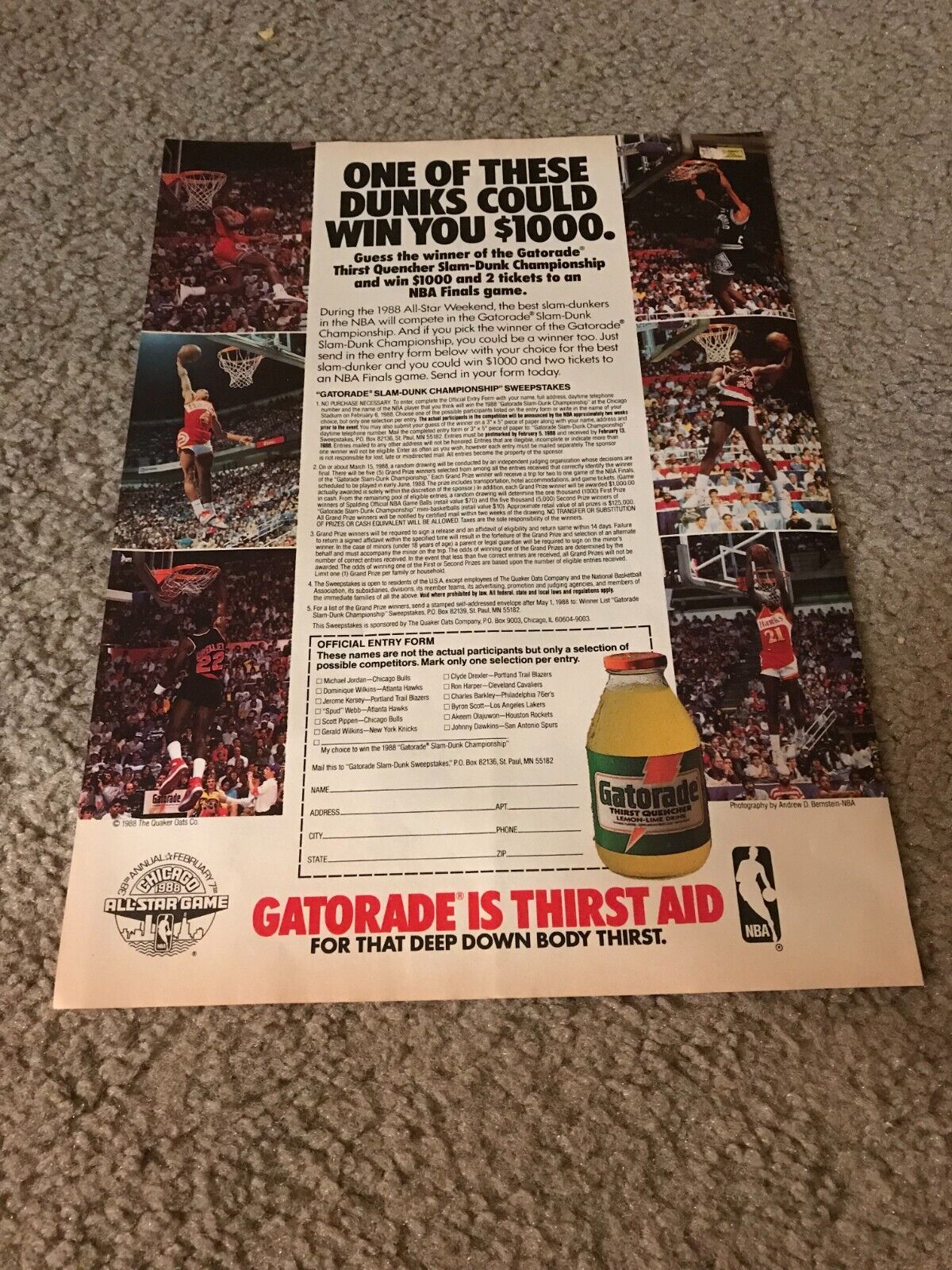 1988 NBA SLAM DUNK GATORADE Poster Print Ad w/ MICHAEL NIKE AIR JORDAN III Shoes
