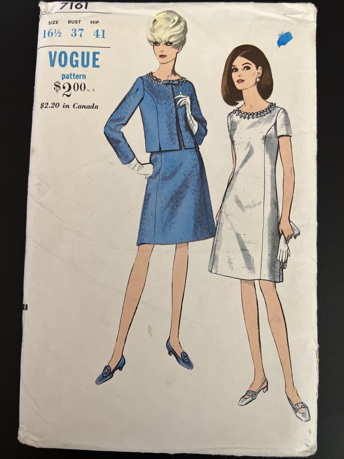 Vogue Pattern 7161 Vintage 60s Sheath Dress Princess Seams Crop Jacket Sz 16 1/2