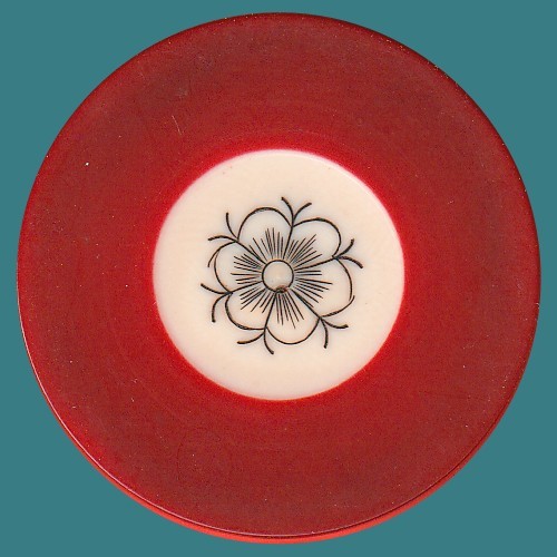 BOLD red floral OLD WEST SCRIMSHAW  POKER CHIP vintage 1800s